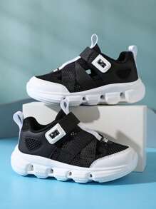 1 Pair Teenagers' Mesh Breathable Sports Shoes, Hollow Design, Elastic Upper, Hook & Loop Closure For Easy On/Off, Contrast Color Combination, Fashion & Versatile, Non-Slip & Durable Sole, Suitable For Daily Running, Sports, Travel & Multiple Scenarios