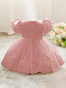 Baby Girls' 0-2 Years White Lace Ruffled Sleeves Mini Dress, Christening Gown Suitable For Role Play & Party - 粉色 - 查看 3