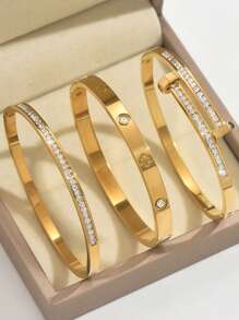 1/3pcs French Elegant And Fashionable Lucky Four-Leaf Clover And Starry Sky Zirconia Bracelet Set, 18K Gold-Plated Mirror Polished, Vacuum Electroplated, Waterproof And Not Easy To Fade Stainless Steel Bracelet Set, Women's Jewelry, Suitable For Women's Gatherings