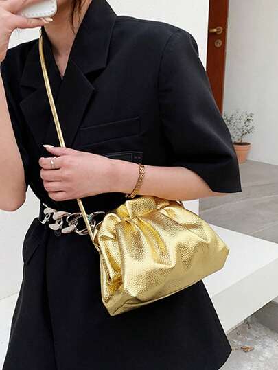 时尚褶皱手拿包，撞色，多功能 PU 钱包袋，女士手提包