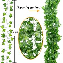 12 件 78.7 英寸塑料人造常春藤绿叶藤蔓悬挂爬山虎假植物藤蔓植物爬山虎叶、绿萝叶藤、西瓜叶藤、海棠叶藤、葡萄叶藤，适用于墙壁花园户外室内婚礼家居装饰、情人节、礼物生日毕业 - 彩色 - 查看 6