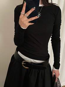 1 件黑色 PU D 形扣绒面革经典百搭宽腰带，适合夏季、学校秋季、秋季、万圣节 - 黑色 - 查看 2