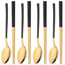 8件套不锈钢餐具套装，筷子和主勺套装，镜面寿司筷子和勺子，适用于家庭、厨房、餐厅、派对、户外旅行、学校用品