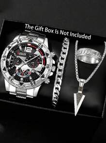 4pcs/Set Men's Business Watch Set, Stainless Steel Quartz Watch With Round Dial & Indicator, Comes With Fashion Pendant Necklace, Bracelet And Ring, Ideal Gift For Men
