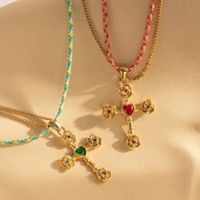 1pc Simple Elegant Heart, Rose, Cross Stainless Steel Braided Rope Necklace Clavicle Chain, Suitable For Women Vacation & Daily Wear