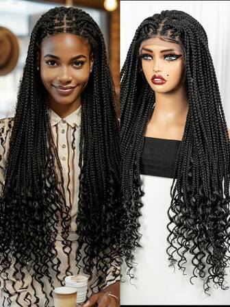1pc 180% Density 9*6 Lace Front Braided Wig Square Knotless Box Braided With Curly Ends For Summer Holiday