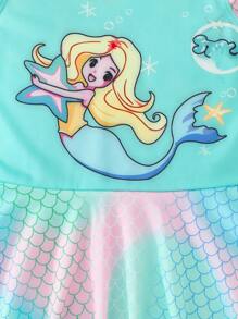 Girls Mermaid Digital Printing Short Sleeve One-Piece Swimsuit, Summer