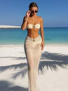 女士抹胸比基尼，带金属海星，三件套泳衣套装，适合海滩度假