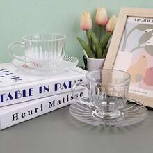 1 件复古条纹玻璃杯碟套装，透明杯子和盘子，法式下午茶/咖啡杯