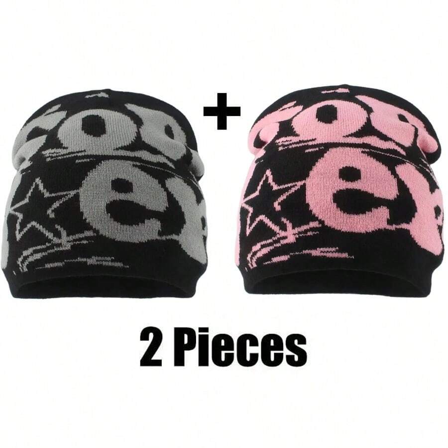 Fashion Letterprint Knit Beanie, Double-Sided Jacquard Design Pom Pom Hat For Women - Black Powder and Black Gray (2 Pieces) - View 1