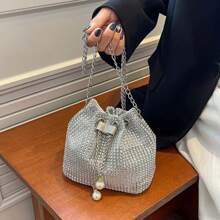 Crossbody Bag With Chain For Women, Shiny Rhinestone Satchel Bag, Solid Color, Drawstring, Shiny, For Dinner And Party