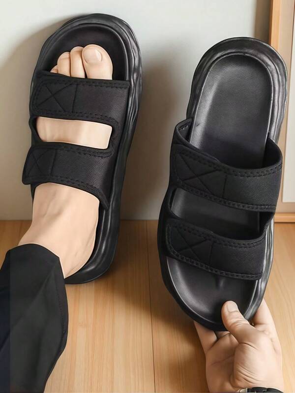 2025 New Summer Men's Comfortable Slide Sandals, Adjustable Plaster Cast Shoes, Solid Color Mesh Upper Outdoor Beach Thong Sandals, Open Toe Casual Slippers, Durable Breathable Soft Non-Slip Rubber Sole, Black Versatile Slip-On Hook&Loop Strap Comfortable Walking Shoes