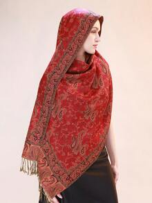 1件 68*200厘米 女士多色复古提花佩斯利波西米亚风长流苏防风披肩围巾，适合日常外出、旅行和拍照，波西米亚风，时尚设计师新款优雅系列礼物，婚礼新娘伴娘披肩旅行 - 藍色 - 查看 5