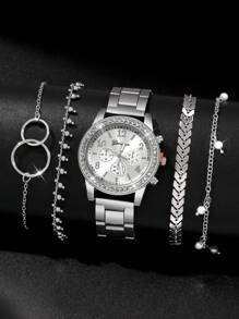 5 Stücke modisches und elegantes mit Diamanten besetztes Damen-Uhr-Set, vielseitiger Quarzuhr mit Edelstahlarmband, kombiniert mit Strass-Schmuck-Armband, geeignet für Partys, Hochzeiten und den täglichen Gebrauch, das perfekte Geschenkset für Frauen.