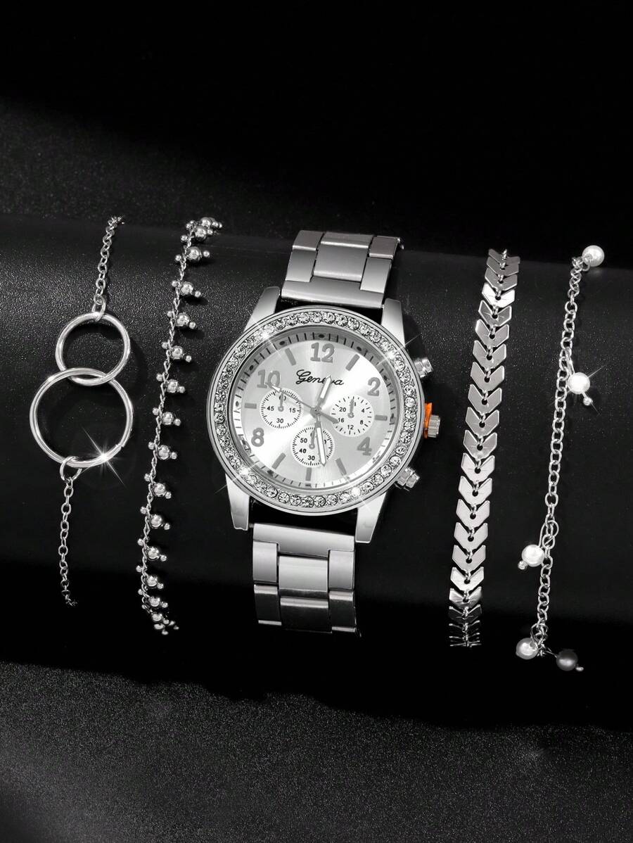 5 Stücke modisches und elegantes mit Diamanten besetztes Damen-Uhr-Set, vielseitiger Quarzuhr mit Edelstahlarmband, kombiniert mit Strass-Schmuck-Armband, geeignet für Partys, Hochzeiten und den täglichen Gebrauch, das perfekte Geschenkset für Frauen.