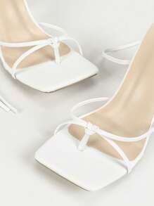 Women's White Square Toe Criss-Cross Lace-Up Strappy Sandals, Fashionable Sexy Party High Heels, Elegant Comfy Chunky Heels, Leg Slimming & Height Increasing