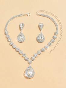 1 pieza Deslumbrante collar de novia con cristales verdes + 1 pieza de aretes de novia de lujo en forma de lágrima con cristales, set de 3 piezas de joyería de novia de moda adecuado para boda, gala, accesorio para vestido formal, festival