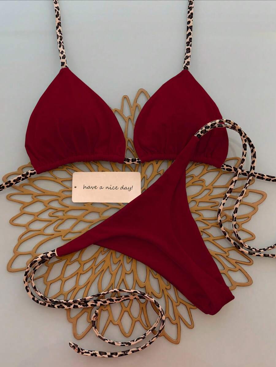 2件套极简性感吊带豹纹女式比基尼泳装