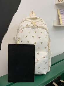 Mochila Feminina de Impressão Colorida Contrastante com Decoração Fofa de Urso, Design de Vários Bolsos de Grande Capacidade para Viagem, Trabalho, Escola, Alças de Ombro Ajustáveis, Adequado para Lazer, Compras, Estudante