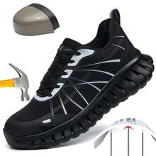 男士安全鞋，系带工作运动鞋，男士透气工作靴，防砸防刺穿安全，柔软透气舒适，黑绿色，适合户外徒步、建筑施工