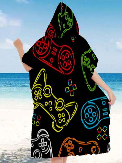 1pc Colorful Gaming Console Themed Polyester Hooded Cloak, Street Fashion Style, Oversized Neon Gamepad Beach Towel - Vibrant Game Controller Design, Beach Towel, Soft & Durable Polyester Bathrobe Suitable For Swimming, Travel And Beach Vacation, Unisex Bathrobe