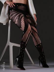 1pc Women Plus Size Gothic Fishnet Leggings, Elastic Sheer Pantyhose Sexy Hollow Out Geometric Pattern Tights, Suitable For Christmas, Halloween, Punk, Vintage, Versatile, All Season - Black - View 5