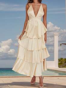 Women Summer Stylish Slip Dress, Sleeveless V-Neck Backless Tie-Up Layered Long Dress For Cocktail Party - 黃色 - 查看 1