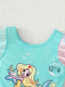 Girls Mermaid Digital Printing Short Sleeve One-Piece Swimsuit, Summer