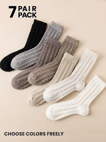 1 Pair/7 Pairs Pack Women's Crew Socks, Multicolor Cashmere Blend Cable Knit Design, Soft & Comfortable, Odor-Resistant, Sweat-Absorbent, Retro Style, Regular/Ankle Length, All Season