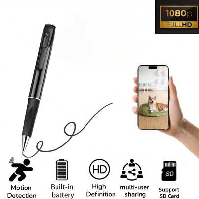 Penna con videocamera wireless 2 in 1 Full HD 1080P con funzione di sovrascrittura video e SD loop, rilevamento del movimento, ideale per riunioni in ufficio, cura degli animali domestici e registrazioni audio portatili.
