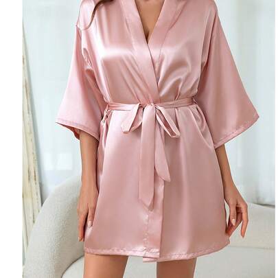 1pc Women's Solid Color Elegant Tie Robe, Sexy Short Satin Silk Soft Sleepwear, Suitable For Brides, Bridesmaids, Home Wear, Short Dress For Wedding Season, Letter Print Robe, Kimono And Pajamas, Bridal Party Prep Wear, Wedding Ceremony And Reception Accessories, Women's Spring/Summer Wedding Sleepwear, Embroidered Robe For Bachelorette Party, Wedding Party Supplies, Outdoor Wedding, Holiday Party Supplies, Back To School Season