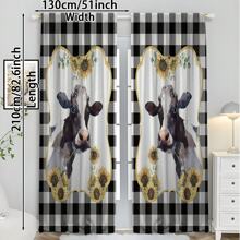 2 Panel Cow Farmhouse Kitchen Curtain Rod Pocket Short Sunflower Farm Animal Cow Plaid Pattern Living Room Bedroom Window Curtain