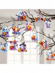 Set de 12 decoraciones de Halloween - Fantasmas de papel impactantes con murciélagos, calabazas e instrumentos musicales - Decoración de fiesta para interiores y exteriores, apta para Halloween, Día de los Muertos, Graduación, Día del Padre, Día de la Independencia - Sin necesidad de electricidad