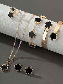 1 set (5 pièces) - Parure de bijoux en alliage à motif de fleur porte-bonheur, cadeau à la mode pour femmes, bracelet en cristal guérisseur pour la guérison de l'énergie spirituelle, convient pour un port quotidien, cadeau idéal pour la petite amie, l'épouse ou la partenaire