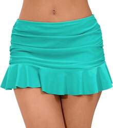 Halcurt Women's Low Waisted Ruched Ruffle Swim Skirts With Hipster Bikini Bottoms Tummy Control Swimsuit - Aqua - View 1