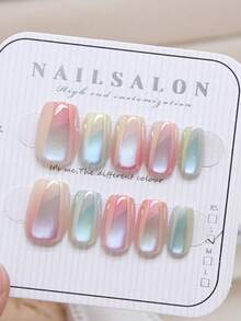 10Pcs Ombre Cat Eye Press-On Nails - Short Ballet Shape, Candy Colors, Glossy Finish, Easy To Apply And Reusable - Salon Quality Look Nail Supplies Nails - Multicolor - View 6