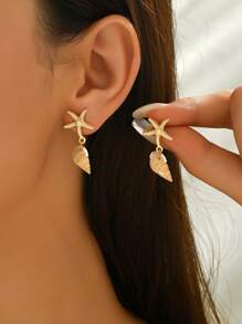 3 Pairs Women Vintage Ocean Themed Seahorse, Starfish, Shell Stud Earring Set, Suitable For Beach & Holiday Wear