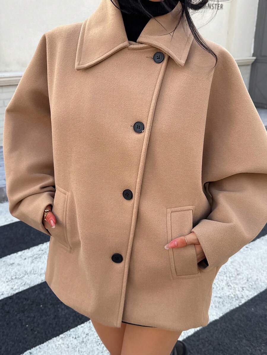 DEEKA Autumn/Winter New Wool Blend Short Coat, Oversized Loose Fit Petite Fashionable RetroOvercoatt - Khaki - View 1