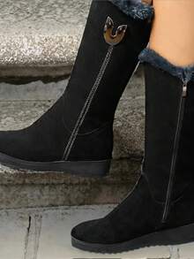 Women's Winter Mid - Calf Boots, Comfortable & Warm, Suede With Faux Fur Collar, Stylish & Versatile Snow Boots - Black - View 6