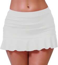 Halcurt Women's Low Waisted Ruched Ruffle Swim Skirts With Hipster Bikini Bottoms Tummy Control Swimsuit - White 1 - View 1