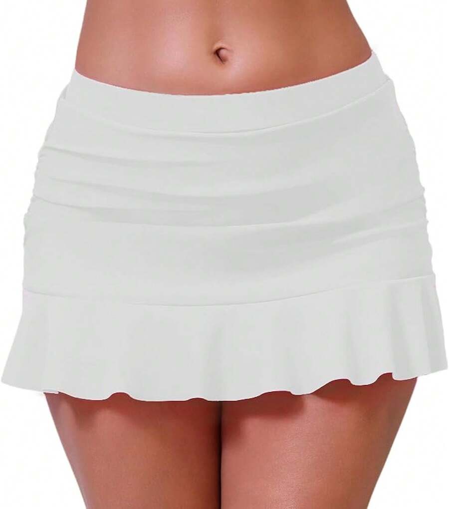 Halcurt Women's Low Waisted Ruched Ruffle Swim Skirts With Hipster Bikini Bottoms Tummy Control Swimsuit - White 1 - View 1