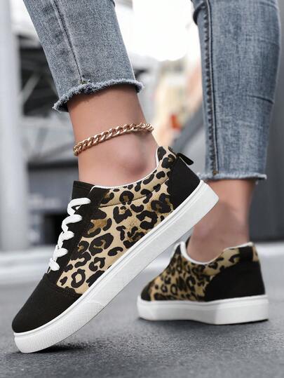 Women's Casual Sports Shoes, Black Canvas Upper, Leopard Print, Non-Slip Sole, Comfortable Leisure Sneakers