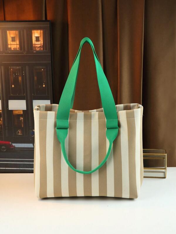 Large Capacity Striped Design Tote Bag, Handbag, Shoulder Bag, Commuter Bag, Travel Bag For Women, Fashionable Contrasting Design