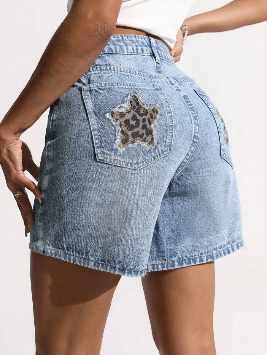 Jeans casual Y2K in stile urbano, con lavaggio, effetto baffi di gatto, tasche inclinate, stampa leopardata e a stelle, patchwork, versatili e casual, pantaloncini di jeans estivi