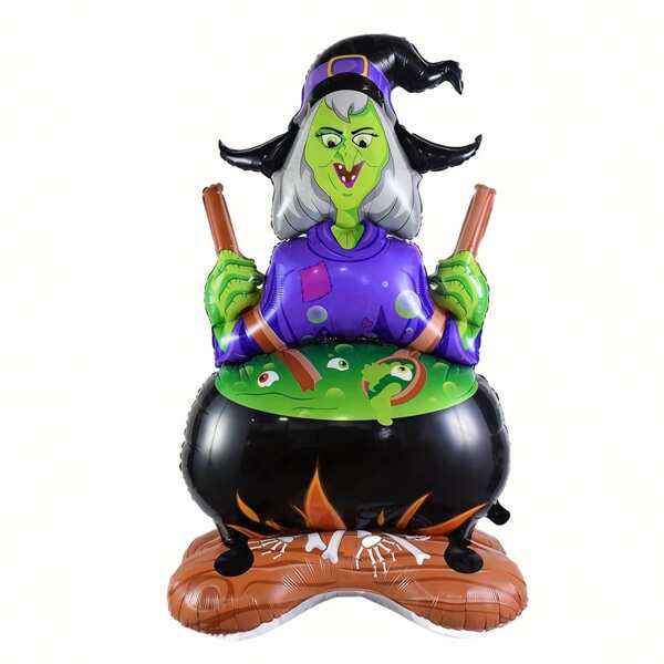 Witch Themed Foil Balloon, Oversized Standing Witch Pot Decoration For Halloween Party