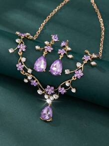 3 Piece Vintage Plum Blossom Jewelry Set With Cubic Zirconia Earrings & Necklace, Suitable For Bride, Bridesmaid, Wedding, Party, Formal Occasions