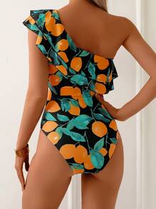 Women's Fashion Lemon Print Ruffled Trim One Shoulder Swimsuit