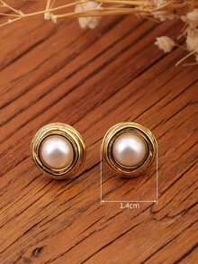1 Pair 18K Gold-Plated Stainless Steel Spiral Faux Pearl Earrings, Vintage Elegant Versatile Accessories For Women, Suitable For Daily Wear, Parties, Outings, Great Gift For Girlfriend - Gold - View 4