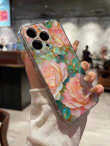花朵 1 件穿孔透明绿色玻璃花卉彩绘加厚防震手机壳保护套适用于 16/11/16pro/16plus/16promax/16e/15Promax/13/14/12/XS/XR/7G/8P、Galaxy 11/12Pro/12/12X/13Pro/14Pro/15Pro/、Redmi 10/9/Note9/12c/Note11pro/Note8Pro