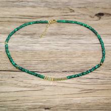 1pc Handmade Boho Malachite Necklace - Natural Stone Beads With Golden Spacers, Deep Green & Golden Bohemian Jewelry For Women, Casual Attire Or Gift, Boho-Chic Multi-Layer Beaded Necklace, Casual Accessory, Vintage Style, Detailed Craftsmanship, Fashion Enthusiasts
